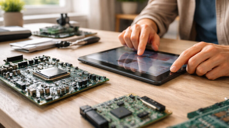 Tableta folosita pe birou langa componente electronice