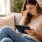 Persoana folosind tableta si frecandu-si ochii obositi