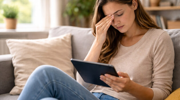 Persoana folosind tableta si frecandu-si ochii obositi