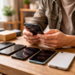 Persoana verificand un telefon second hand pe masa