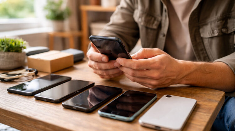 Persoana verificand un telefon second hand pe masa