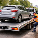 mașină urcată pe platformă de tractare pe marginea drumului