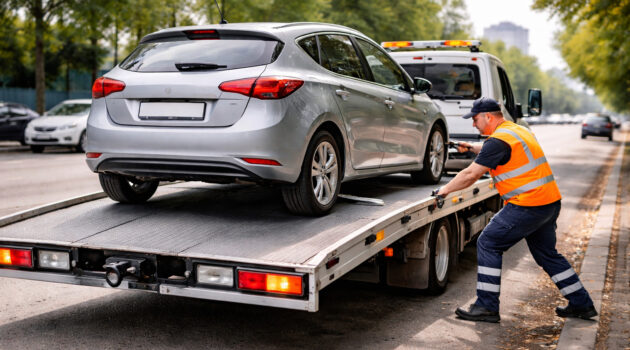 mașină urcată pe platformă de tractare pe marginea drumului