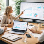 Echipă de business analizând date digitale și strategii pe laptop