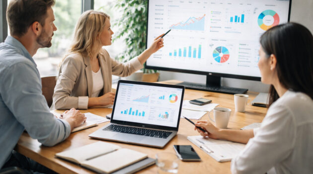 Echipă de business analizând date digitale și strategii pe laptop