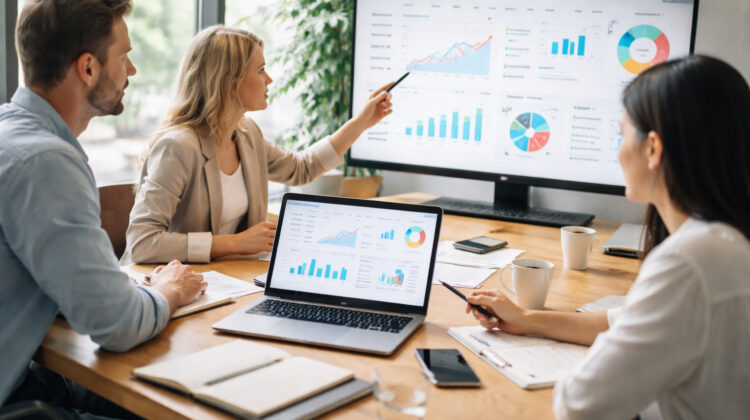 Echipă de business analizând date digitale și strategii pe laptop