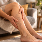 femeie atingând piciorul cu vene varicoase vizibile