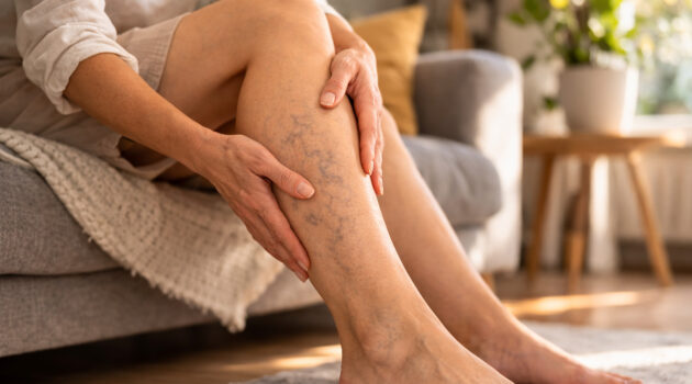 femeie atingând piciorul cu vene varicoase vizibile