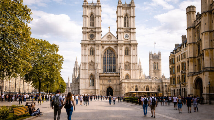 Westminster Abbey din Londra văzută din piața din față