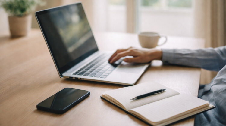 workspace modern cu laptop și notebook pe birou